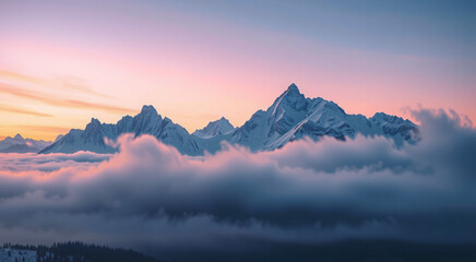 Obraz premium Dramatic Mountain Peaks Emerging from Clouds at Dusk in a High Altitude Landscape