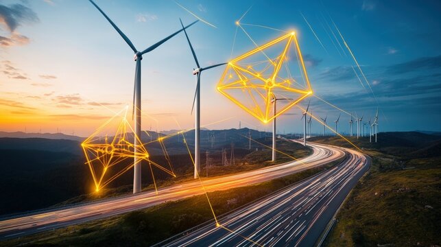 Long exposure of highway traffic with wind turbines in the background under a clear blue sky
