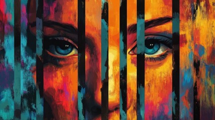 Colorful artistic rendering of a woman s face with bars