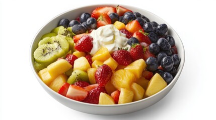 Colorful and Refreshing Fruit Salad with Yogurt in a White Bowl