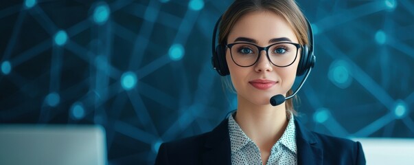 A professional woman with glasses and a headset smiles against a tech-themed background, suggesting a customer support or call center environment.