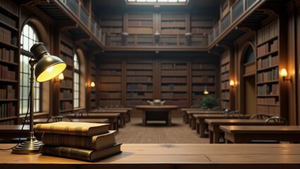 Obraz premium College brochures, Library with books and lamp reading nooks and bookshelves in background photorealistic