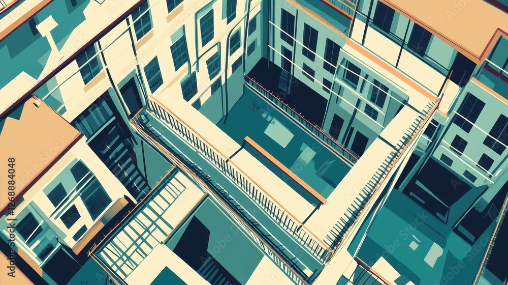 Poster abstract aerial view showcases interconnected building structures and courtyard