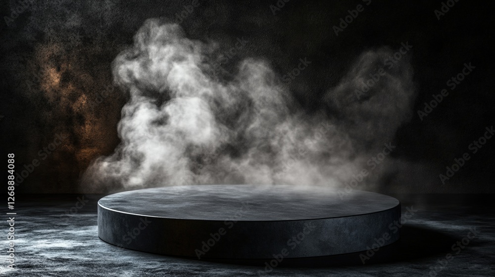 Poster round table with steam rising from surface on dark smoke background product display platform