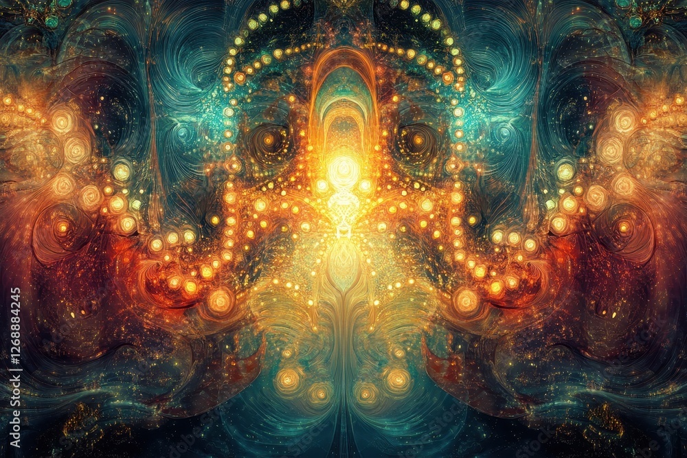 Poster symmetrical abstract artwork features intricate fractal patterns and bright light