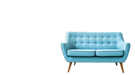Modern light blue sofa with wooden legs on white background