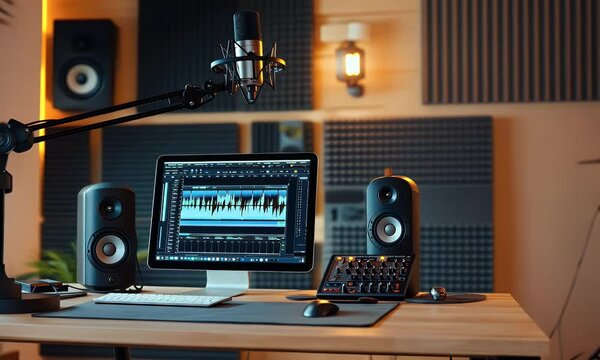 A modern audio workstation featuring a microphone, computer, speakers, and audio equipment for recording.
