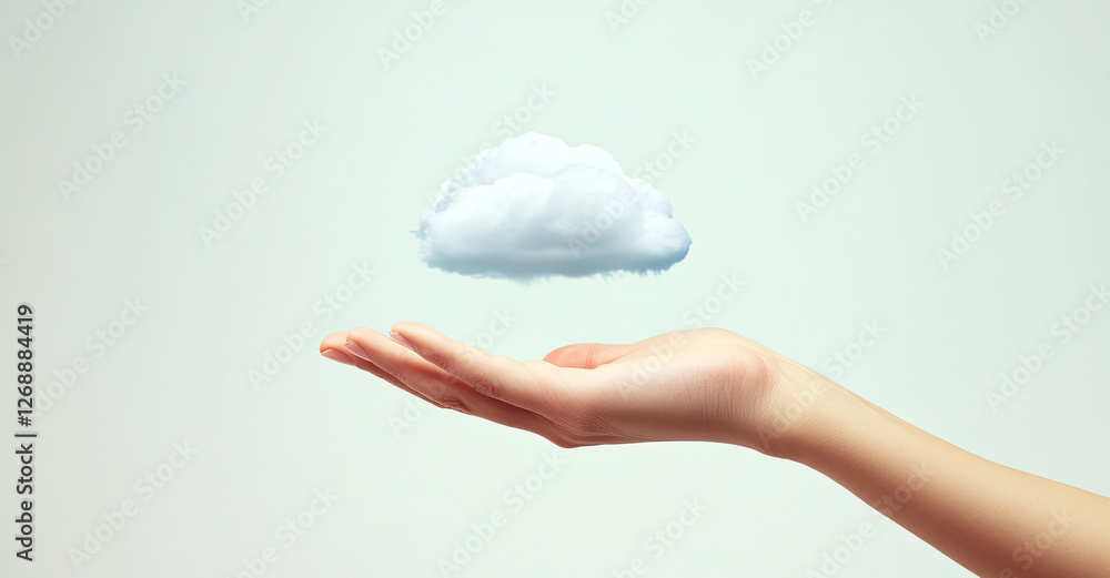 Poster a hand gently holding a fluffy white cloud conceptual image of cloud computing and data storage