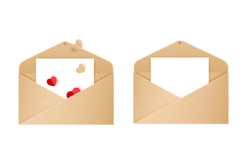 A realistic envelope card design with a heart shape. A stationary envelope design vector with white paper. A postcard template. A realistic envelope mockup design illustration art. Paper cut love