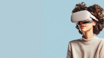 Young woman wearing virtual reality headset in a modern indoor setting with futuristic technology elements