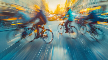 City cyclists in motion: blurred view of bike riders speeding through urban streets, emphasizing...