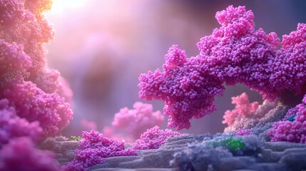 Pink flower illuminated by bright light with microscopic view of hmpv human metapneumovirus virus structure