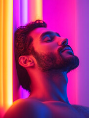 Man relaxing against a wall with colorful lighting
