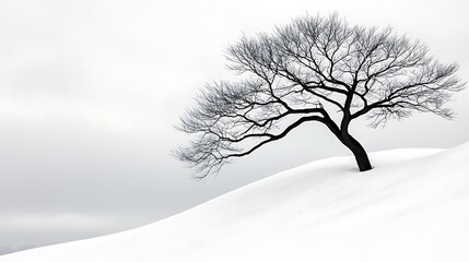 Fototapeta premium Leafless tree on snow-covered hill under cloudy winter sky