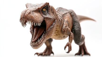 Fototapeta premium Menacing T-Rex figurine with sharp teeth, isolated and striking, conveying primal ferocity and raw power.