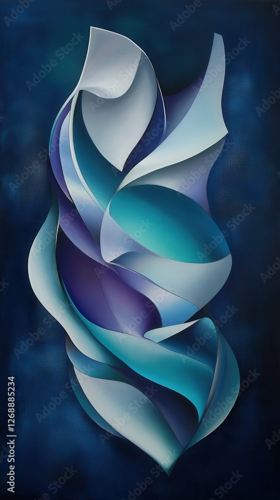 Poster dynamic abstract shapes in icy silver create a flowing visual experience on a dark background