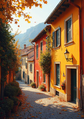 Fototapeta premium Charming European cobblestone street lined with colorful historic buildings, vibrant flowers, and vintage lanterns under a warm golden sunset