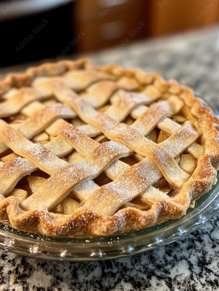 Poster freshly baked apple pie cooling on a kitchen counter with a golden brown lattice crust and shimmerin