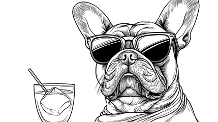 Cool French Bulldog Wearing Sunglasses with Cocktail Glass Illustration