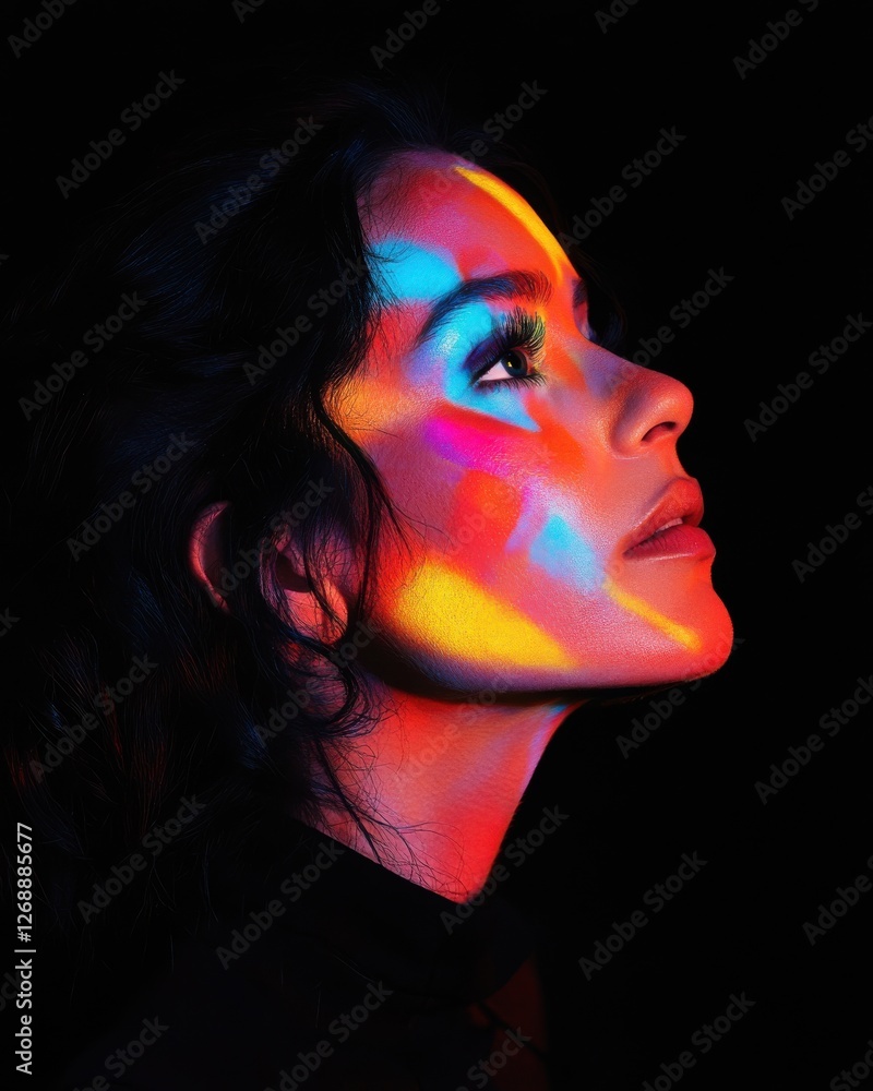 Leinwandbilder Artistic portrait capturing a woman with colorful light patterns illuminating her features at a creative studio setting