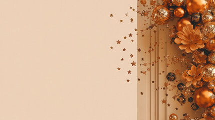 Fototapeta premium elegant copper and bronze christmas ornament arrangement with festive glitter stars and flowers on beige background for holiday decor theme