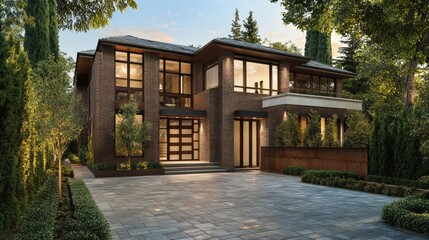 Obraz premium Modern brick house featuring slate roof and large driveway in a residential neighborhood