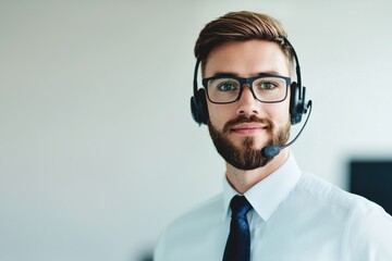 A professional man with glasses and a headset smiles confidently, representing customer support or remote assistance in a modern office setting.