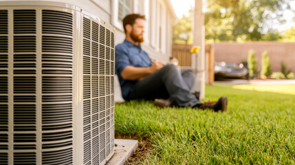 man relaxes outdoors near air conditioning unit on sunny day
