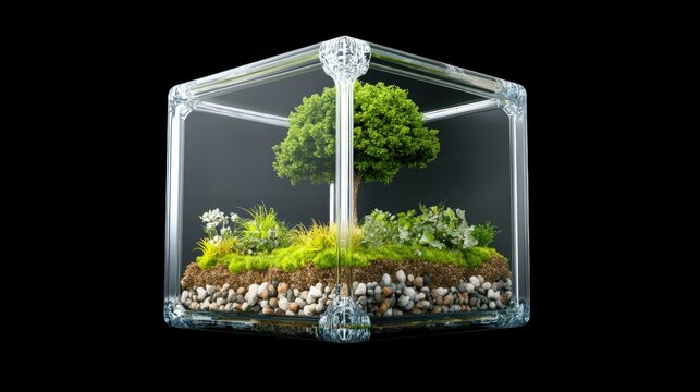 Small glass terrarium featuring a tree inside with modern eco city office building in the background