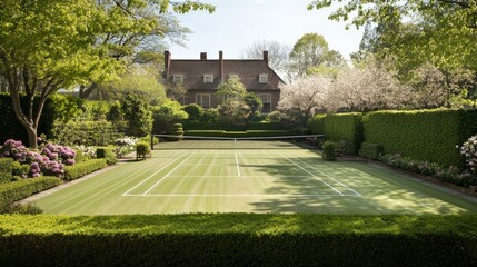 Elegant country club tennis court surrounded by lush greenery and blooming flowers