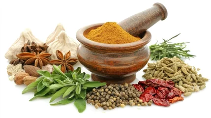 A traditional mortar and pestle with fresh herbs and spices being ground together © Boonnam Burart