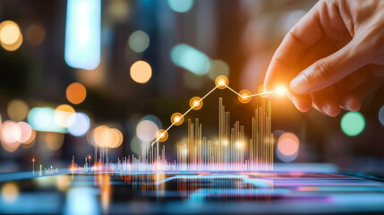 Hand adjusting data graph on digital tablet with glowing elements, showcasing analytics and trends