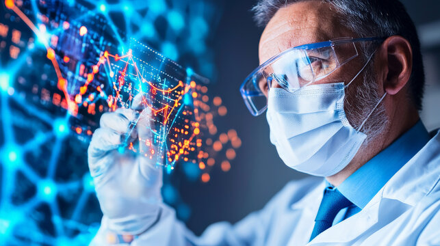Scientist analyzing data with digital interface, showcasing expertise and innovation