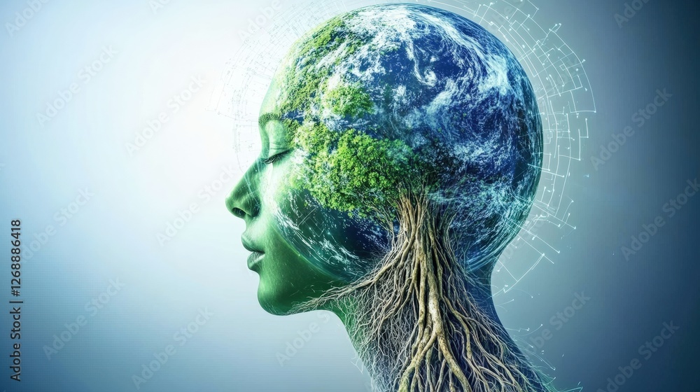 Poster womans head with tree growing out in abstract double exposure representing calm and relaxation