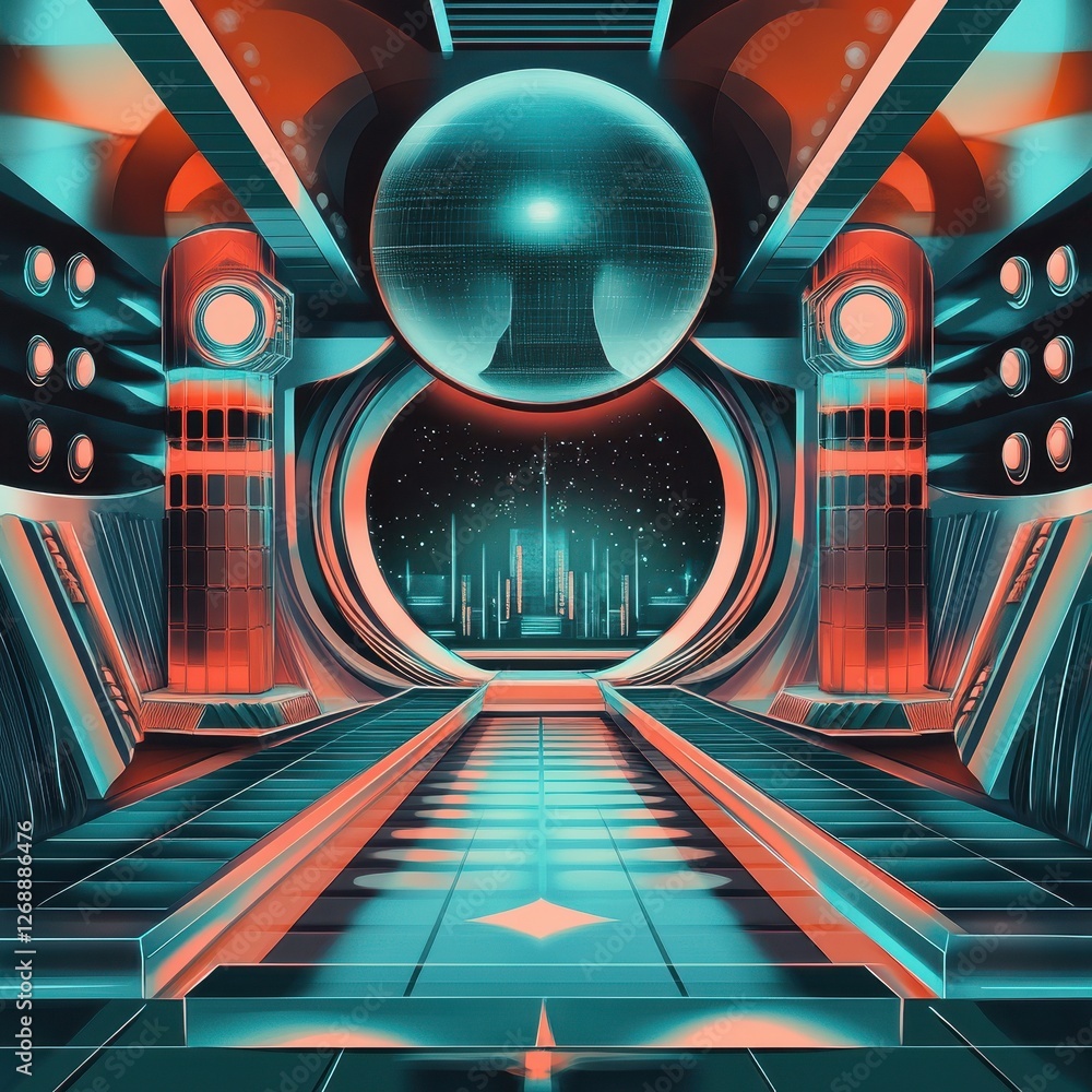 Poster futuristic spaceship interior features a large window to outer space