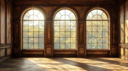 Fototapeta premium A sunlit room with three large arched windows, wooden accents, and a warm, inviting atmosphere, showcasing nature outside.