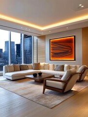 Fototapeta premium City View Living Room Modern Elegance - Modern sectional sofa, city skyline view, warm lighting, contemporary art, comfortable seating. Symbolizing luxury, comfort, modern design, urban living