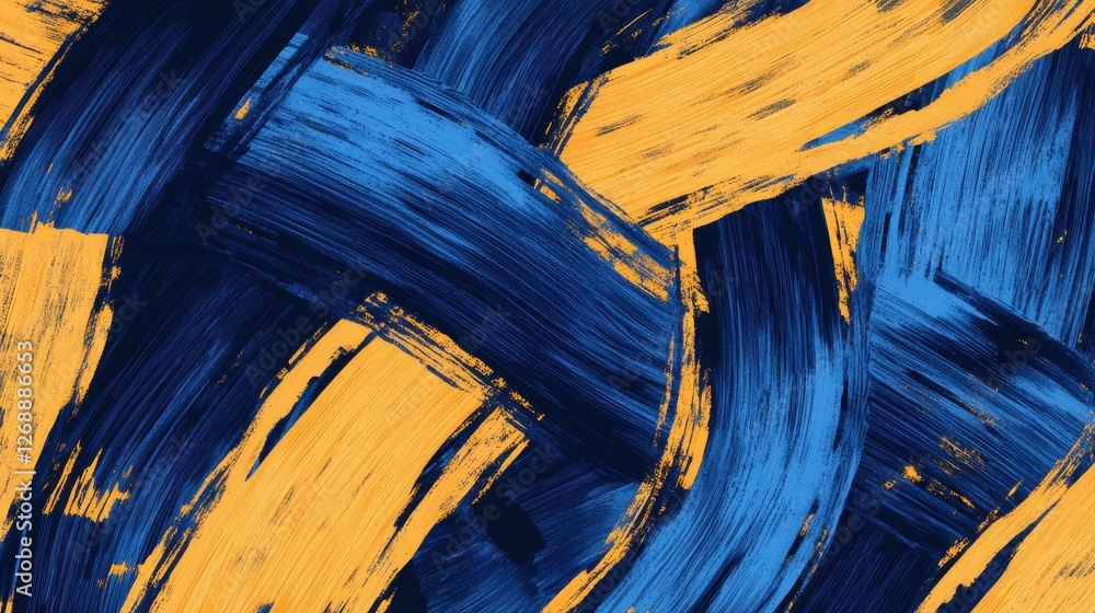 Poster abstract pencil strokes creating dynamic patterns in blue and yellow on textured surface
