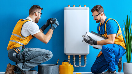 Repairing water heater with two plumbers working together in action