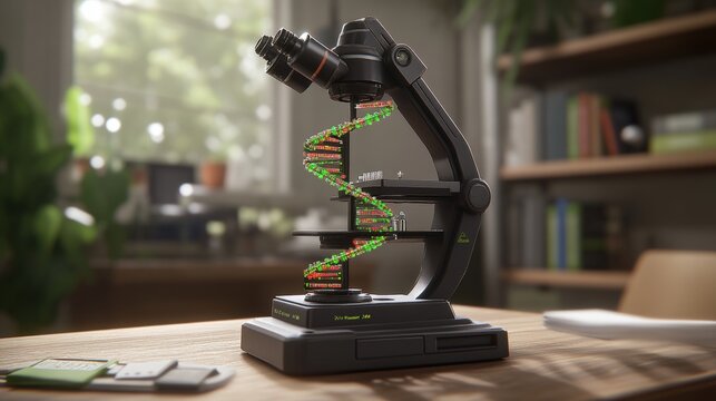 Microscope in a laboratory setting with dna model for scientific research and biotechnology studies