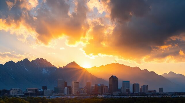 Salt lake city skyline at sunset with mountains and wasatch range in the background