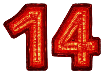 Red Number Fourteen with Shiny Glowing Texture on Transparent Background