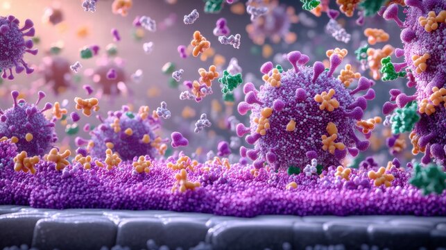Purple and orange bacteria with small white and orange bacteria and schematic of poxvirus illustration