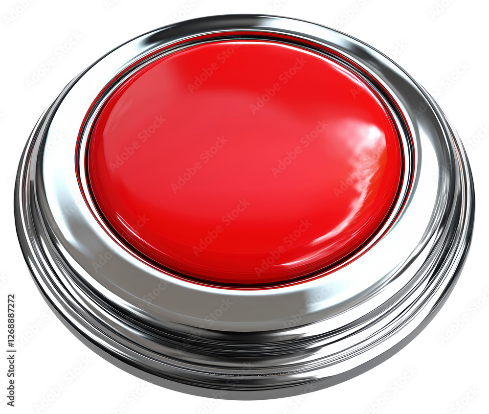 Poster red round button with chrome bezel for interactive controls on transparent background