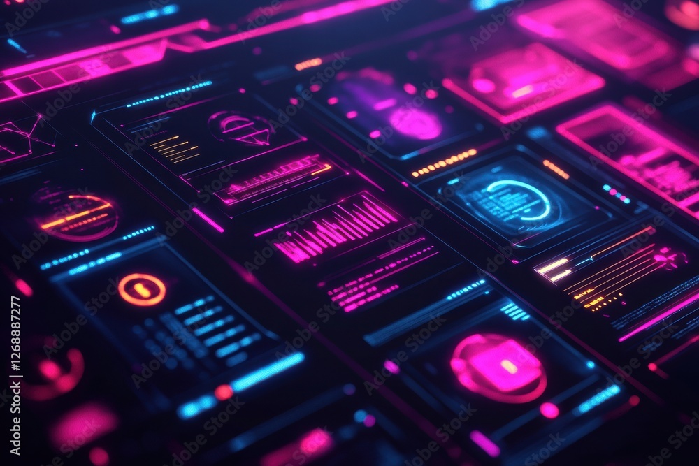 Poster Vibrant digital interface showcasing glowing graphics and data visualizations in a futuristic design. Generative AI