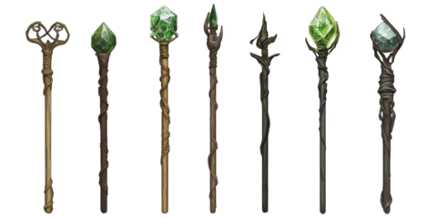 Collection of magical wooden wands with green crystal tips and intricate designs