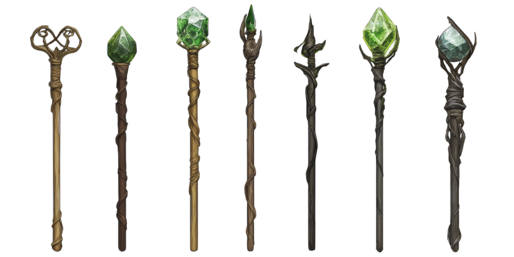 Collection of magical wooden wands with green crystal tips and intricate designs