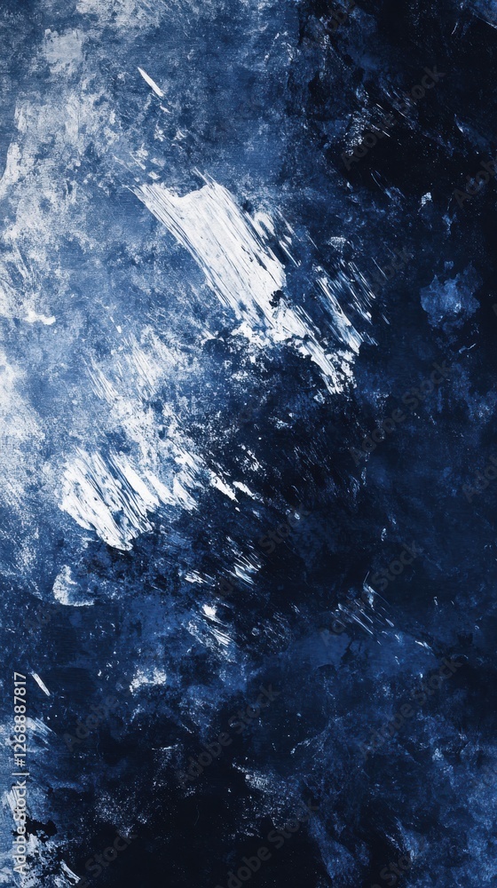 Poster exploring the depths of midnight blue and white in an abstract composition that evokes emotion and c
