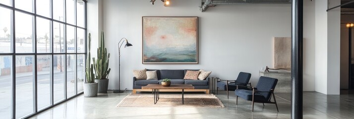 Modern Loft Apartment Living Room Design With Large Windows