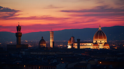 Fototapeta premium Breathtaking skyline of Florence Italy s renowned Renaissance city captured at dusk with the iconic Duomo Cathedral historic landmarks and vibrant colors illuminating the urban landscape